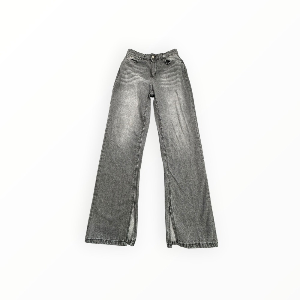 Denim Jeans Women 30X31 Grey‎ Wide Leg Side Slit Washed High Waist Faded
